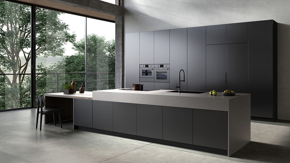Contemporary kitchen with dark cabinet fronts and a large island