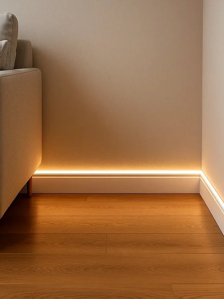 Illuminated skirting along a living-room wall and corner