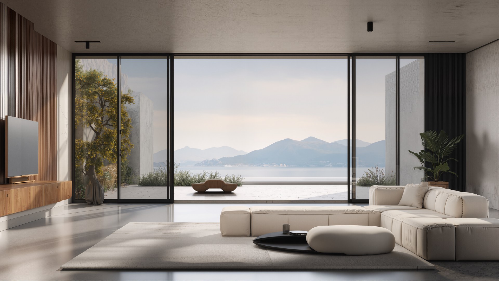 Full-height sliding glass doors opening from a living room to a terrace